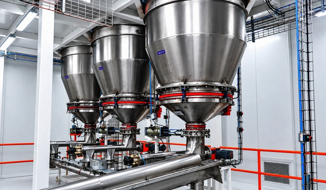 TG Agri Farms closed-loop pneumatic cyclone conveyance and conical hoppers