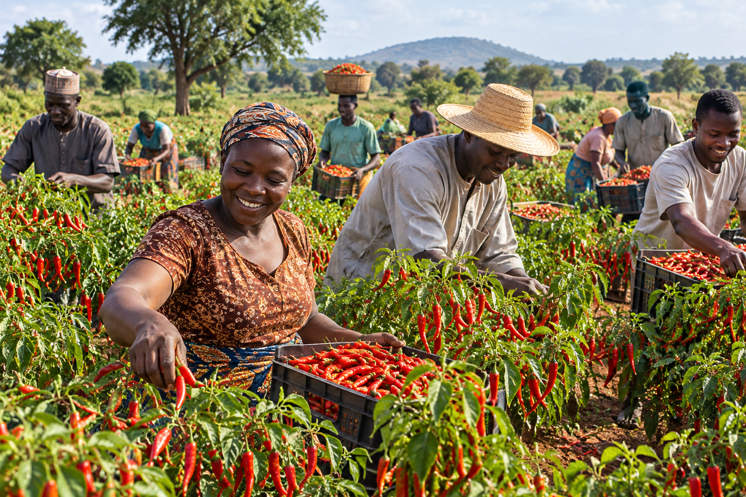 Nigerian smallholder farmers cultivating and harvesting mature red chilli crops in agricultural fields