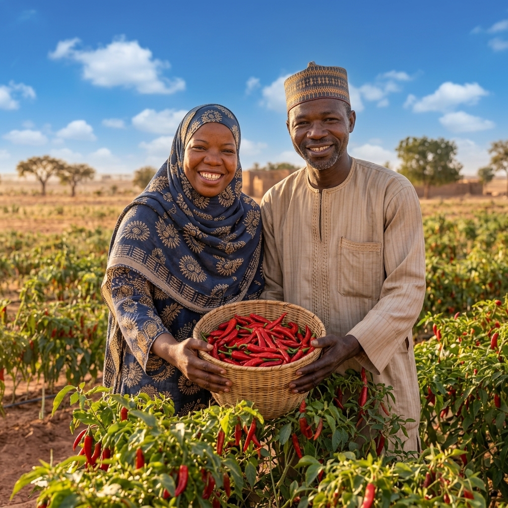 Nigerian farmers harvesting fresh red chilli peppers in the field